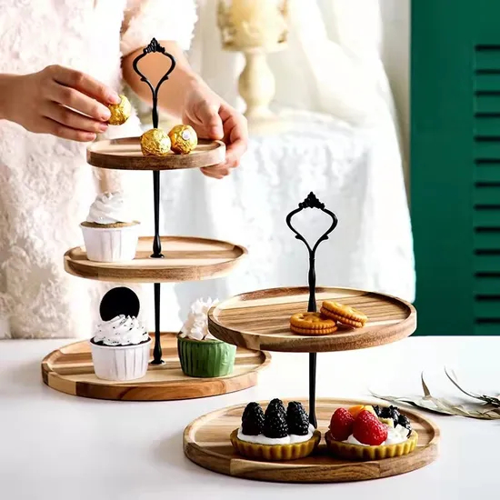 Elegante soporte rústico para tartas de acacia, soporte para servir de 2 niveles para entretenimiento estilo granja