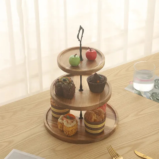 Bandeja de servicio de madera de Acacia redonda sostenible de 3 niveles, soporte para pastel de boda, soporte de exhibición para postre