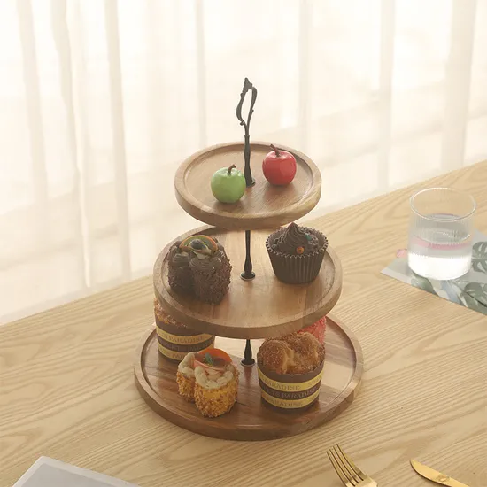 Bandeja de servicio de madera de Acacia redonda sostenible de 3 niveles, soporte para pastel de boda, soporte de exhibición para postre