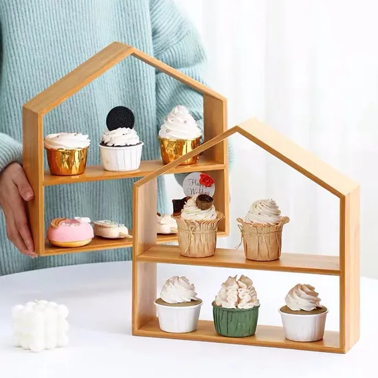 Fabricación de la casa forma 2 niveles de madera soporte para pastel de taza estante de pastel de bambú para postre