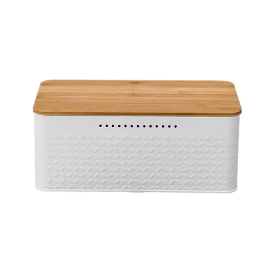 Caja de pan rectangular de Metal, contenedor de almacenamiento de pan con tapa de madera y rejilla