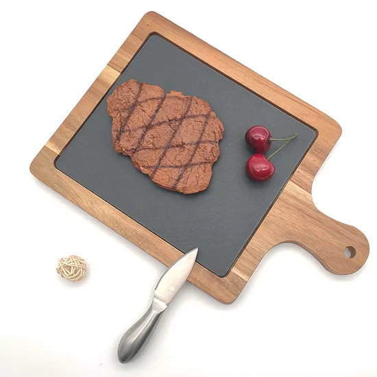 Tablas redondas compactas giratorias de madera de Acacia para embutidos, tabla de quesos de pizarra con juego de cuchillos
