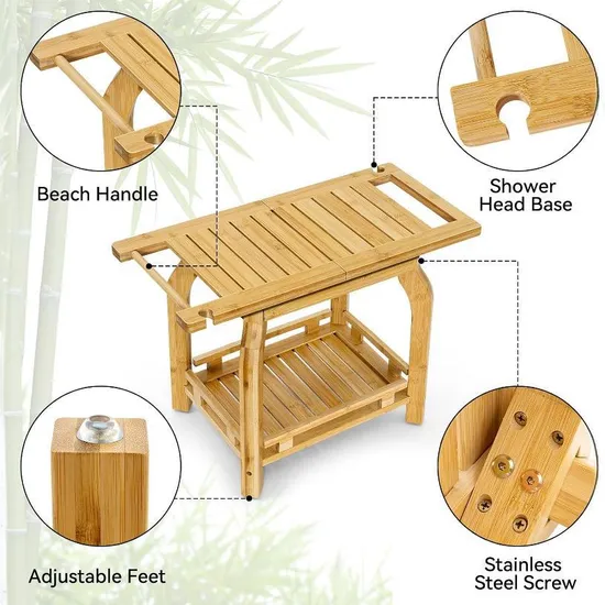 Taburete de madera multifuncional para cambiar zapatos, taburete de ducha de baño de bambú de dos capas con suspensión de toalla