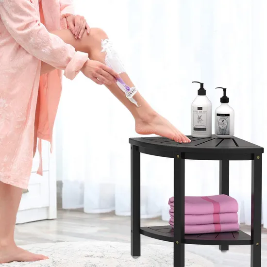 Taburete de ducha esquinero de bambú de Color negro de lujo, taburete de almacenamiento para baño