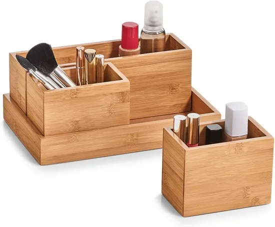Caja de almacenamiento organizadora de maquillaje de madera de bambú multiusos para oficina en casa