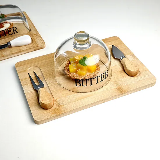 Plato rectangular al por mayor para mantequilla de tabla de quesos con tapa de vidrio y cortador