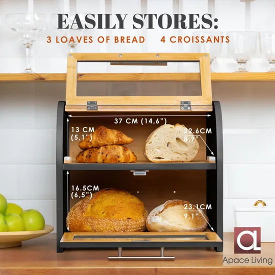 Caja de almacenamiento de pan de bambú grande doble con tabla de cortar para cocina