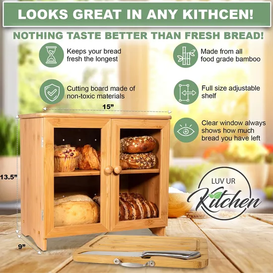 Caja de pan de bambú multifuncional de 2 capas con tabla de cortar para encimera de cocina y panadería