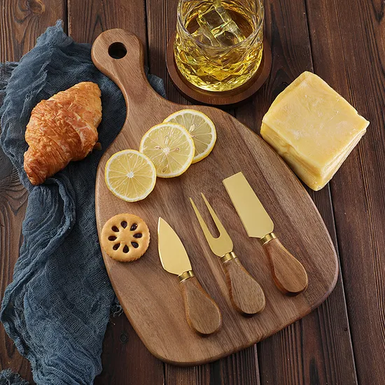 Tabla de queso de acacia duradera con juego de 3 cuchillos para uso doméstico