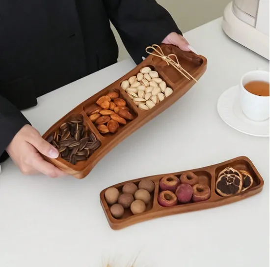 Juego de platos de frutas secas, plato para servir Sushi de madera de Acacia dividido hecho a mano
