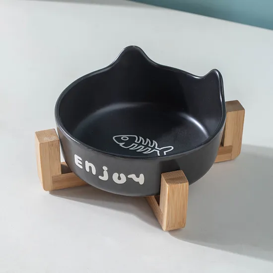 Cuenco de cerámica para perros y gatos con estante de madera de bambú