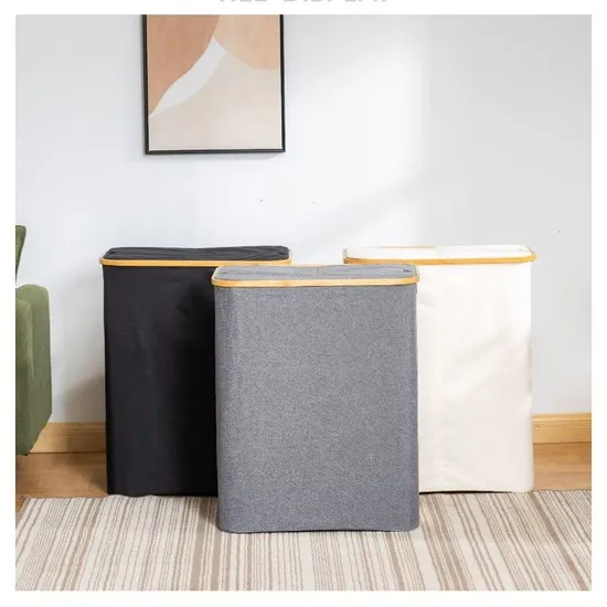 Cesta de lavandería de tela de bambú de doble apertura con gran capacidad y compartimentos dobles
