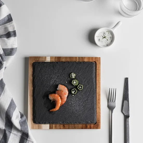 Tabla de servir de pizarra y acacia de forma cuadrada, tabla de quesos para meriendas/postres/embutidos