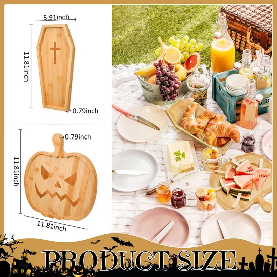 Platos de aperitivo de tablero de charcutería de bambú con forma de ataúd de dibujos animados decorativos de Halloween Howm