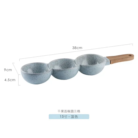 Elegante juego de cuencos de cerámica de 3 piezas con asas de madera para snacks