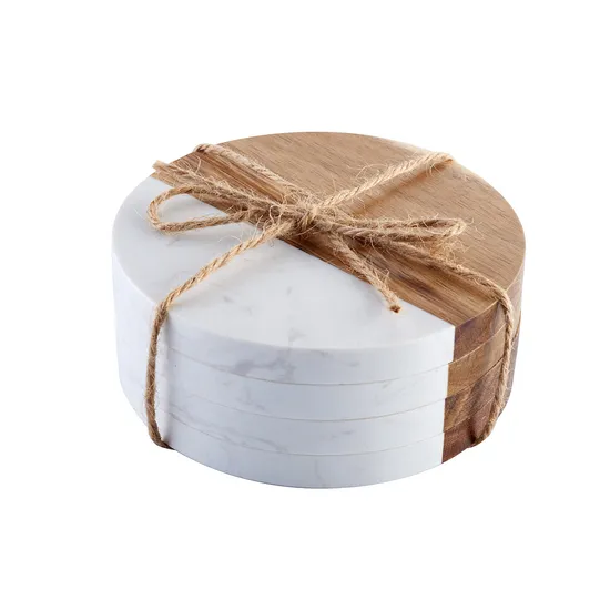 Juego de posavasos redondos de mármol y acacia apilables para cocinas y bares minimalistas