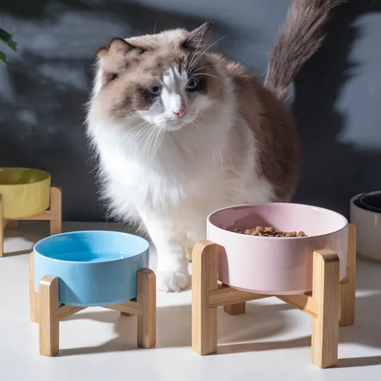 Cuenco de comida para perros y gatos de cerámica con protección para el cuello y rejilla de bambú