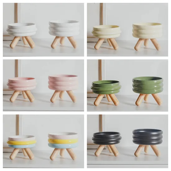 Cuenco de cerámica colorido para perros y gatos con protección de red y pie de madera alto