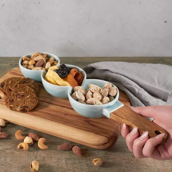 Tazón para servir de 3 partes con mango de madera para salsas, condimentos, condimentos, mezze, refrigerios, nueces y aceitunas