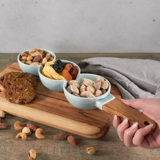 Tazón para servir de 3 partes con mango de madera para salsas, condimentos, condimentos, mezze, refrigerios, nueces y aceitunas