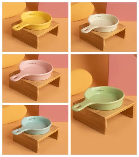 Olla de cerámica con fondo plano, cuenco para gatos, cuenco para alimentación lenta, cuenco para beber con asa y soporte de bambú
