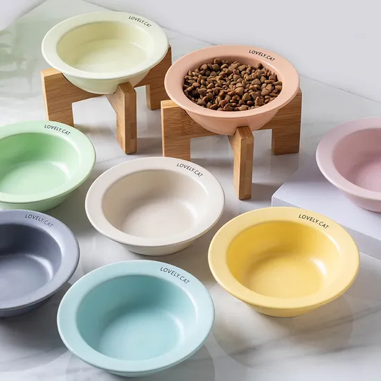 Suministros para perros Cuenco de comida de cerámica para mascotas con rejilla de madera