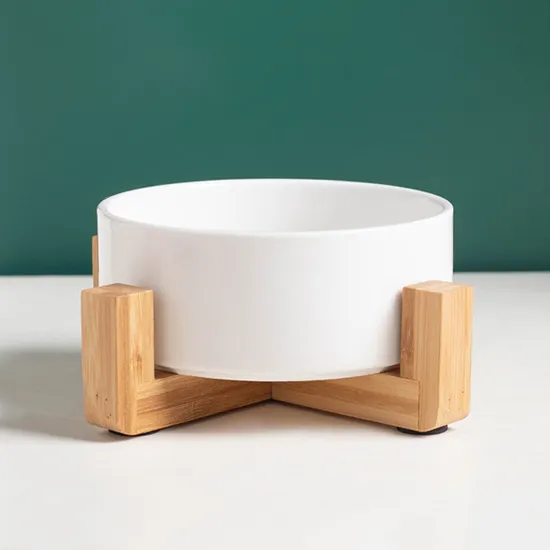 Productos para mascotas, cuenco de cerámica para alimentación de agua y comida para perros y gatos con soporte de madera de bambú