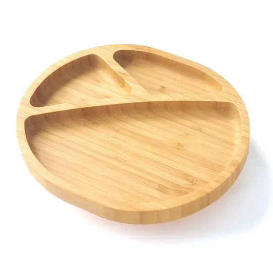 Elegantes platos redondos de bambú de 3 serciones con succión para alimentación de bebés