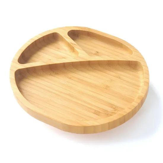 Elegantes platos redondos de bambú de 3 serciones con succión para alimentación de bebés
