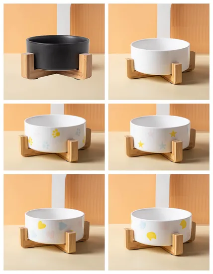 Tazón de comida para mascotas de cerámica de diseño personalizado redondo con base de madera