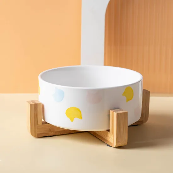 Cuenco de cerámica para perros y gatos con base de madera de bambú