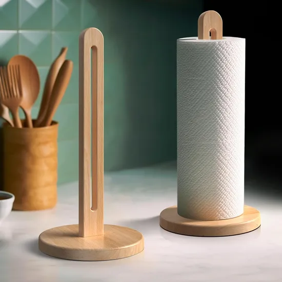 Soporte dispensador de toallas de papel de madera maciza de haya con base antideslizante