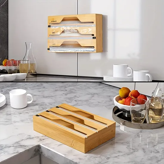 Caja de almacenamiento y cortador de envoltorios para alimentos de bambú y madera