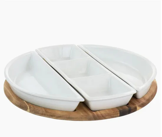 Juego de bandejas seccionales de cerámica fina de 4 piezas con base/bandeja de madera de acacia