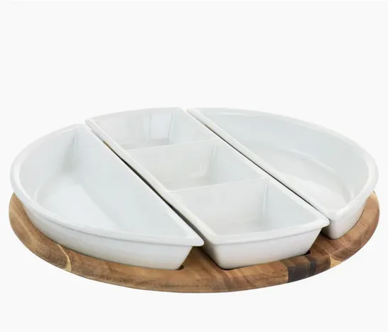 Juego de bandejas seccionales de cerámica fina de 4 piezas con base/bandeja de madera de acacia