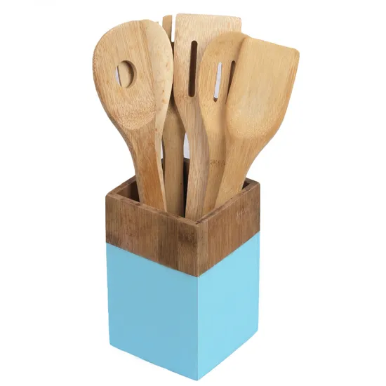 Home Basics Juego de 7 utensilios de bambú coloridos con soporte