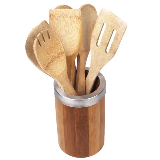 Home Basics Juego de utensilios de cocina de bambú con soporte
