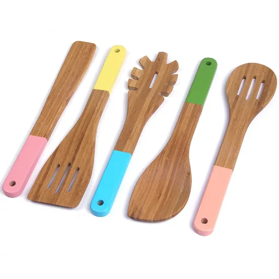 Juego de 5 utensilios de cocina de bambú con pintura en color de alta calidad