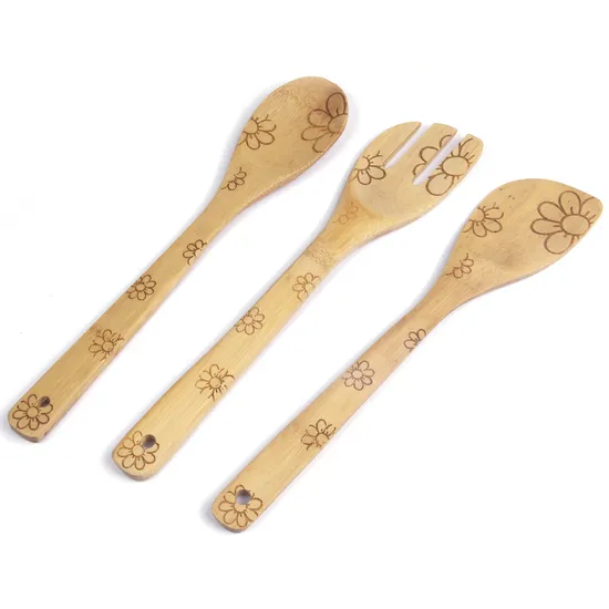 Juego de tenedor y cuchara de bambú grabado personalizado para cocinar