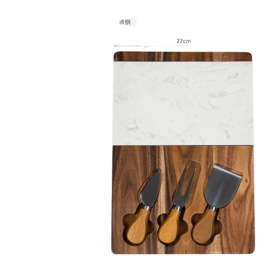 Tablero de madera de caucho con bandeja para carne de piedra de mármol