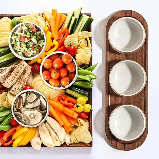 Juego de patatas fritas y DIP, bandeja para servir de madera de acacia con 3 cuencos redondos de cerámica