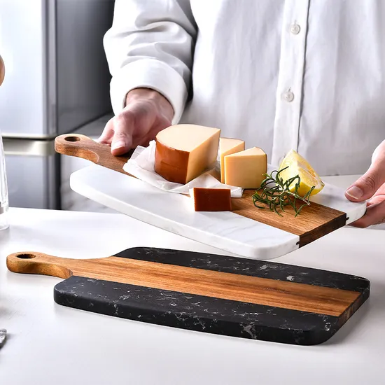 Tablero de madera al por mayor de la porción del tablero del queso del mármol de la forma de la paleta con la manija