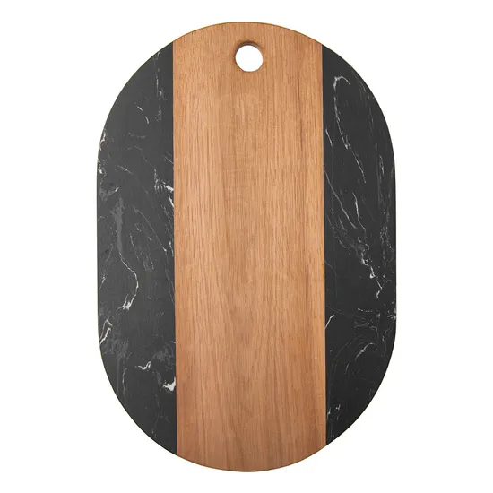 Tabla de cortar de madera de acacia y mármol negro con forma ovalada