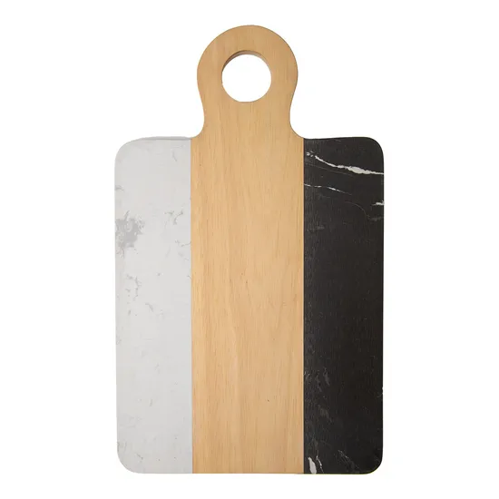 Tabla de cortar de mármol y madera de acacia de forma ovalada con orificio para colgar