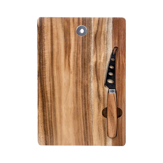 Tabla de cortar rectangular de madera de acacia con juego de cuchillos