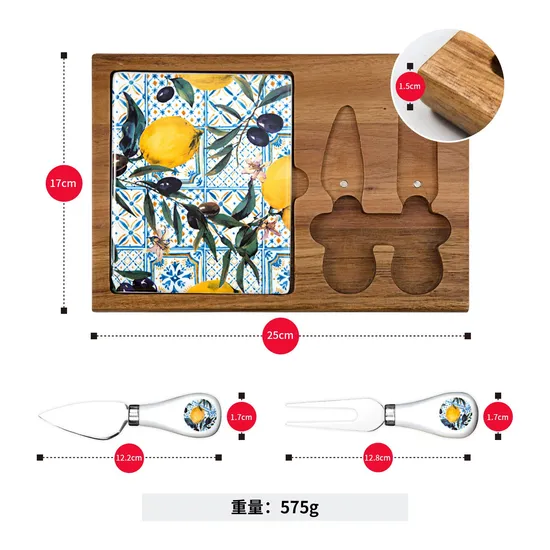 Juego de tabla rectangular para embutidos y quesos de mármol y madera de acacia con cuchillo