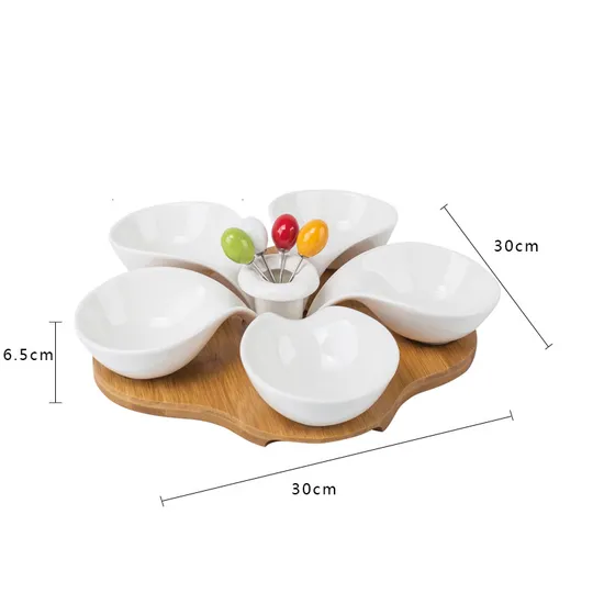 Ensaladera de cerámica de 5 rejillas y plato para salsa con bandeja de bambú para servir té de la tarde, frutas, postres y nueces