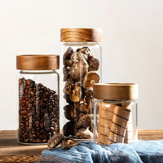 Proveedores de cocina Tarro de almacenamiento de botellas de vidrio personalizado con tapa de madera de Acacaia
