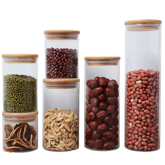 Tarro de almacenamiento de vidrio de borosilicato con tapa de bambú para nueces, galletas, dulces, café, envasado de alimentos