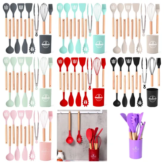 Comercio al por mayor de utensilios de cocina de silicona personalizados con mango de madera para cocinar